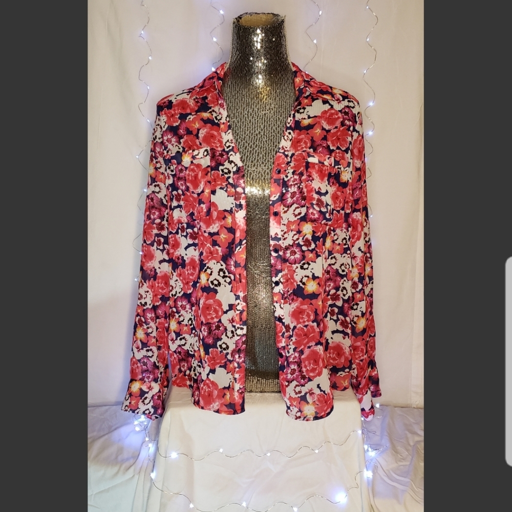 Express Pink Spring Floral Portofino Blouse- Med